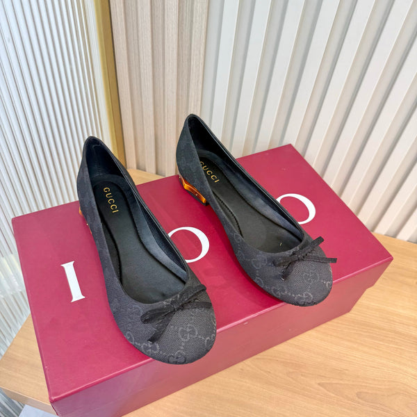 GG 26S Horsebit Ballet Flats Bow Detail Black GG Canvas 141309