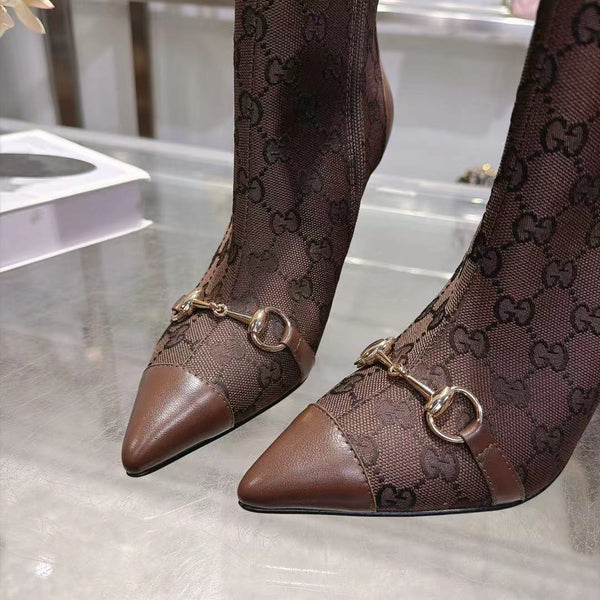 GG 26S Ankle Boots 10.5cm Horsebit Canvas Sand Dark Brown Leather Toe Cap 141302