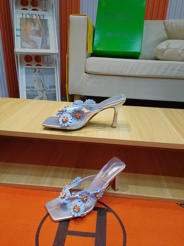 BV Riva Thong Floral Sandals 9CM Blue Silver Leather 139870