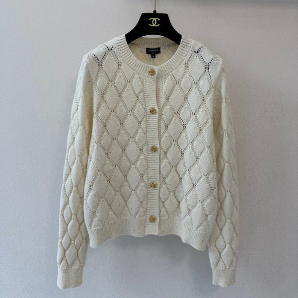 CC 26S Diamond Knit Cardigan Gold Buttons Off-White Cashmere 433642
