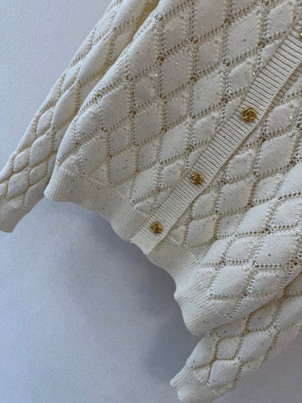 CC 26S Diamond Knit Cardigan Gold Buttons Off-White Cashmere 433642