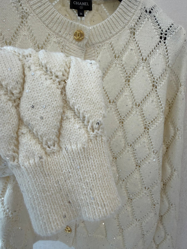 CC 26S Diamond Knit Cardigan Gold Buttons Off-White Cashmere 433642