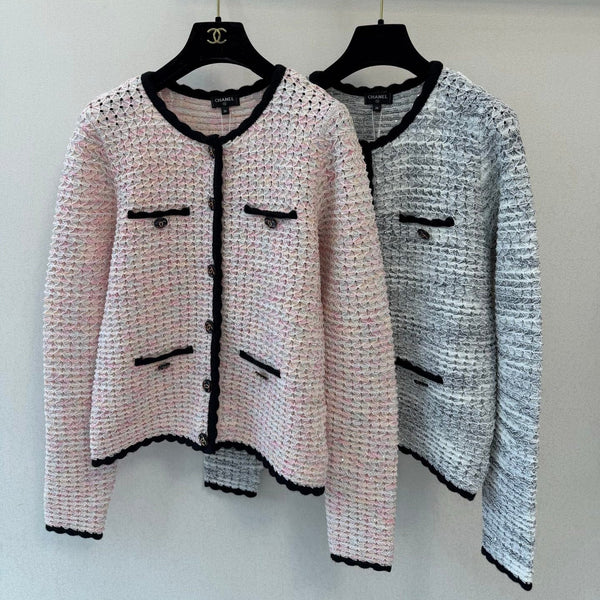 CC 26S Knit Tweed Cardigan Black Trim Front Pockets Cotton 433649