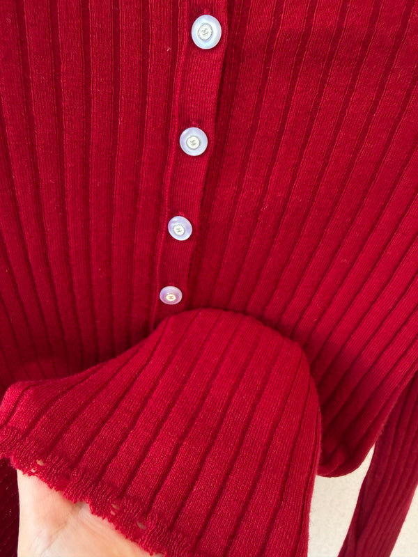 CC 26S Ribbed Knit Top Fold-Over Collar Button Placket Cashmere 433649