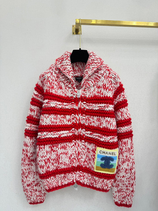 CC 26S Striped Knit Zip-Up Cardigan Shawl Collar Patch Pocket Cashmere 433499