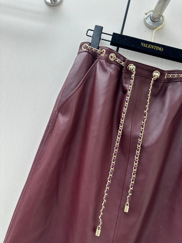 CC 26K Long Skirt Chain Drawstring Waist Side Split Leather 435102