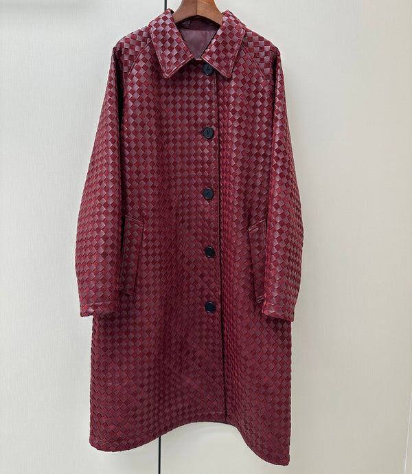 BV 26S Woven Leather Long Coat Slant Pockets Burgundy Lambskin 435122
