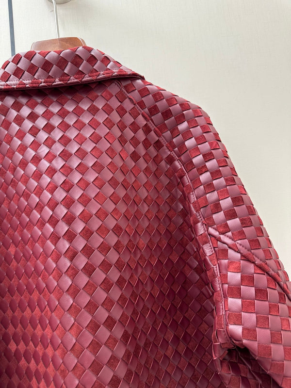 BV 26S Woven Leather Long Coat Slant Pockets Burgundy Lambskin 435122