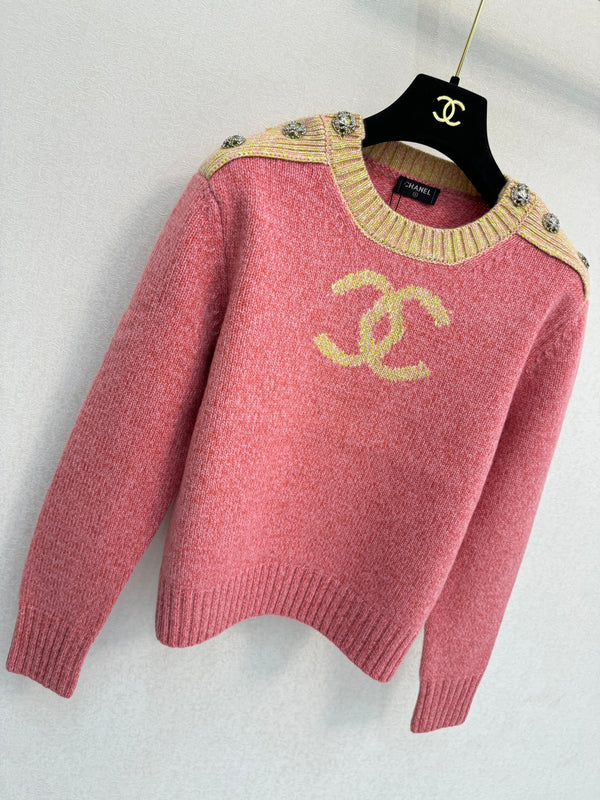 CC 26S Sweater Gold Logo Crystal Buttons Pink Wool 436269