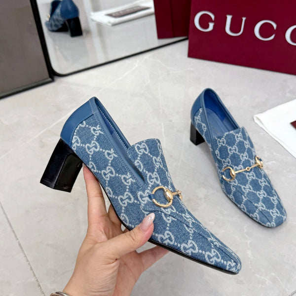 GG 26S Horsebit Loafers 6cm Block Heel Denim Fabric 157237