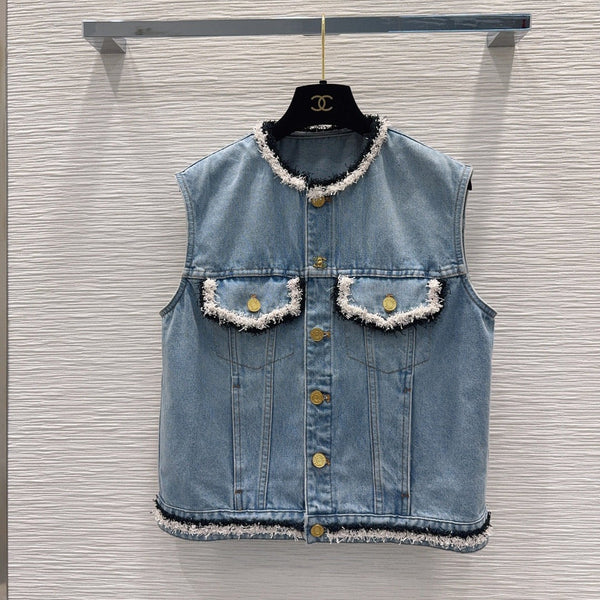 CC 26S Denim Vest Frayed Contrast Trim Gold Buttons Cotton 436527