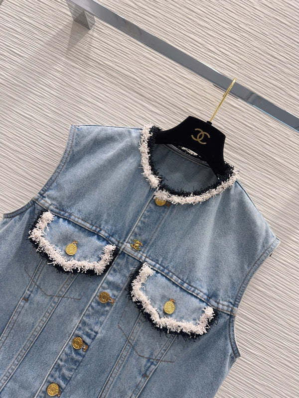 CC 26S Denim Vest Frayed Contrast Trim Gold Buttons Cotton 436527