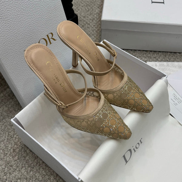 CD Rhinestone 10cm Slingback Sandals Imported Mesh 157555