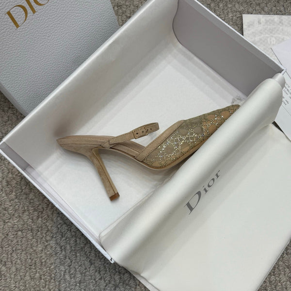 CD Rhinestone 10cm Slingback Sandals Imported Mesh 157555
