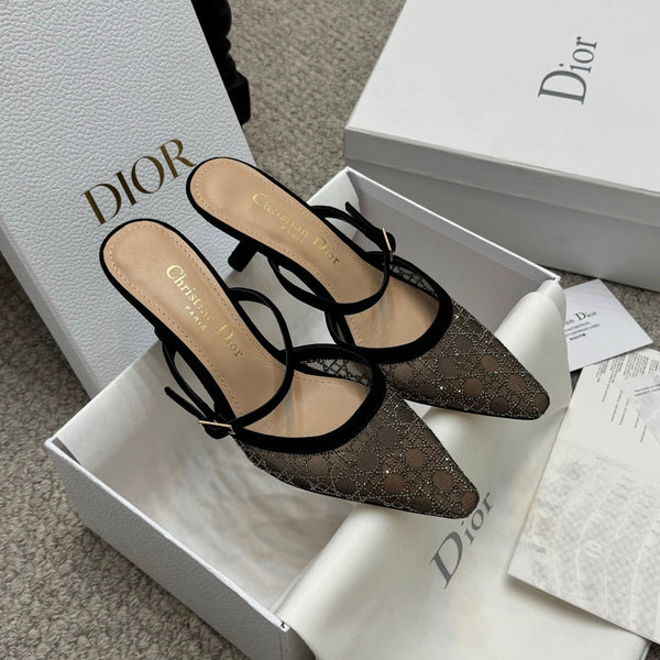 CD Rhinestone 6.5cm Slingback Sandals Imported Mesh 157553
