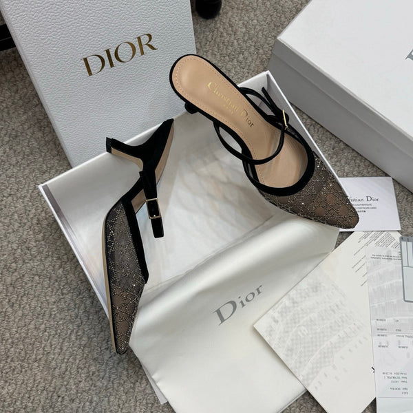 CD Rhinestone 6.5cm Slingback Sandals Imported Mesh 157553