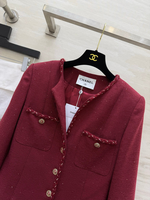 CC 26S Cropped Jacket Frayed Trim Gold Carved Buttons Burgundy Tweed 437229
