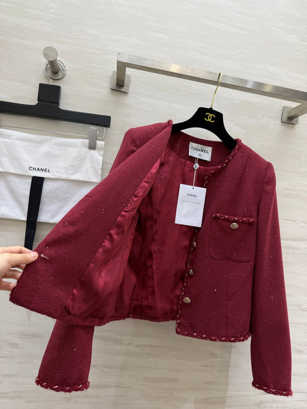 CC 26S Cropped Jacket Frayed Trim Gold Carved Buttons Burgundy Tweed 437229