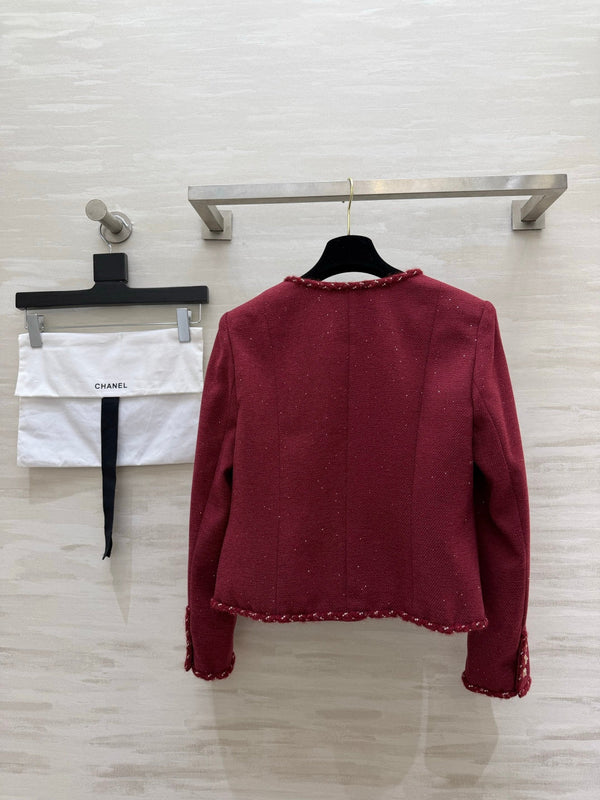 CC 26S Cropped Jacket Frayed Trim Gold Carved Buttons Burgundy Tweed 437229