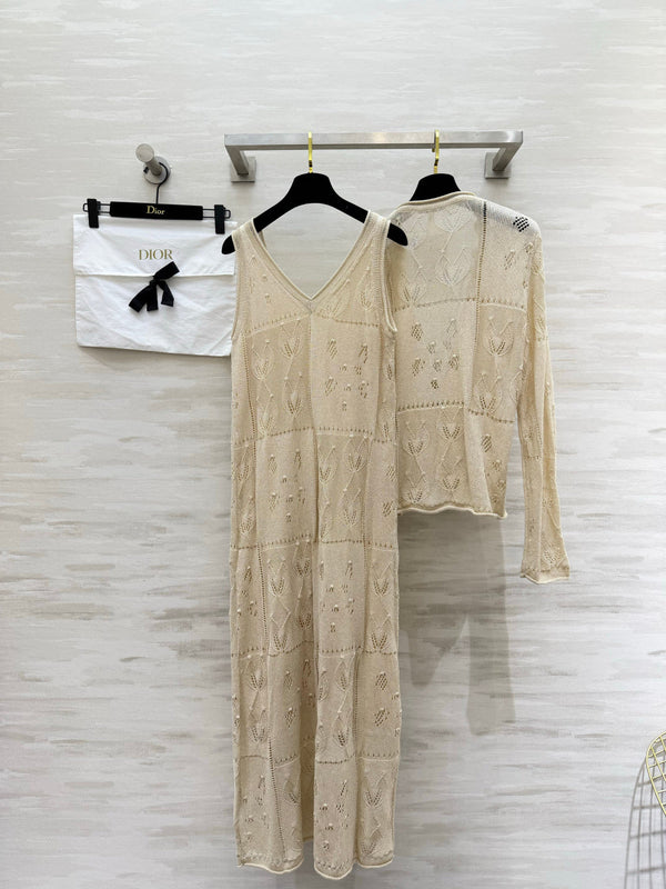 CD 26S Open-Knit Cardigan & V-Neck Slip Dress Set 437215