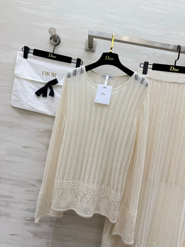 CD 26S Open-Knit Round-Neck Top & High-Waist Long Skirt Set 437198