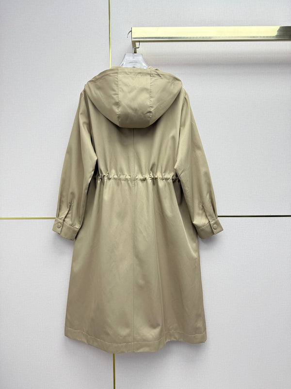 Prad 26SS Hooded Long Trench Coat Triangle Logo Drawstring Waist Cotton 437675