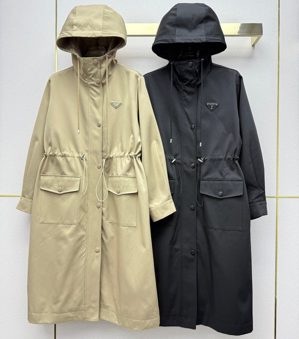 Prad 26SS Hooded Long Trench Coat Triangle Logo Drawstring Waist Cotton 437675
