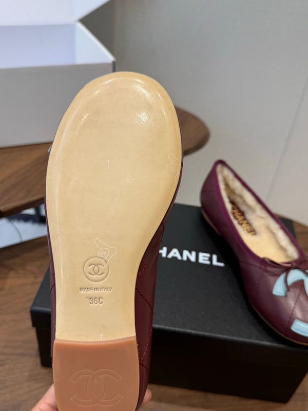CC 26S Coco Beach Ballet Flats Bow Shearling Lining Lambskin 158502