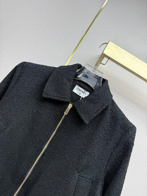 CC 26SS Tweed Zip-Up Jacket & High-Waisted Midi Skirt Set Black Cotton 437540