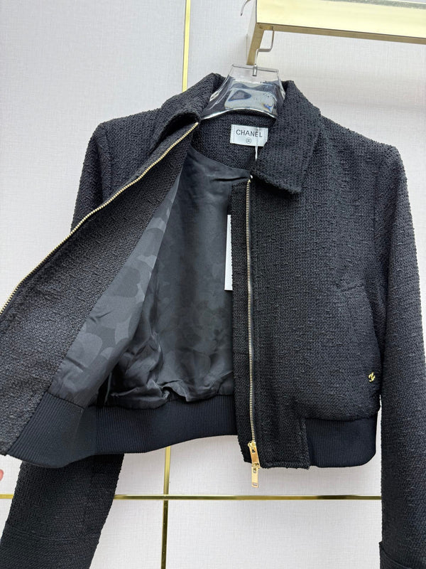 CC 26SS Tweed Zip-Up Jacket & High-Waisted Midi Skirt Set Black Cotton 437540
