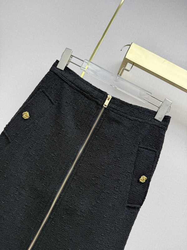 CC 26SS Tweed Zip-Up Jacket & High-Waisted Midi Skirt Set Black Cotton 437540