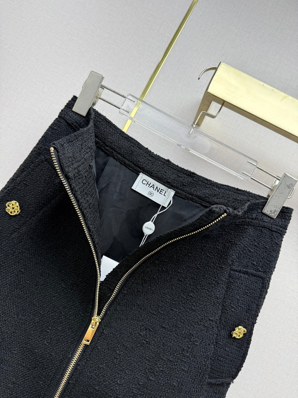 CC 26SS Tweed Zip-Up Jacket & High-Waisted Midi Skirt Set Black Cotton 437540