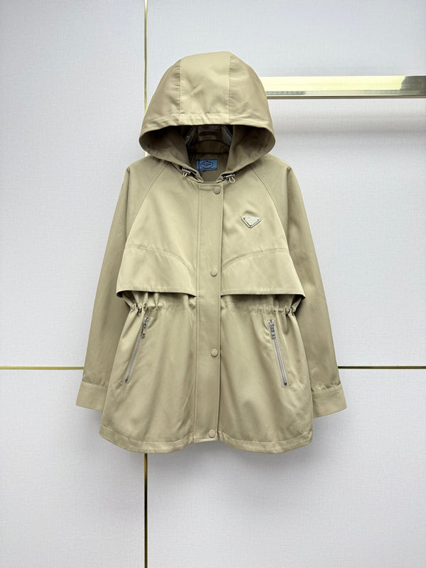 Prad 26SS Mid-Length Coat Triangle Logo Badge Drawstring Waist Beige Cotton 437536