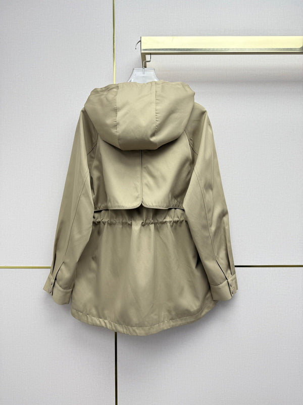Prad 26SS Mid-Length Coat Triangle Logo Badge Drawstring Waist Beige Cotton 437536