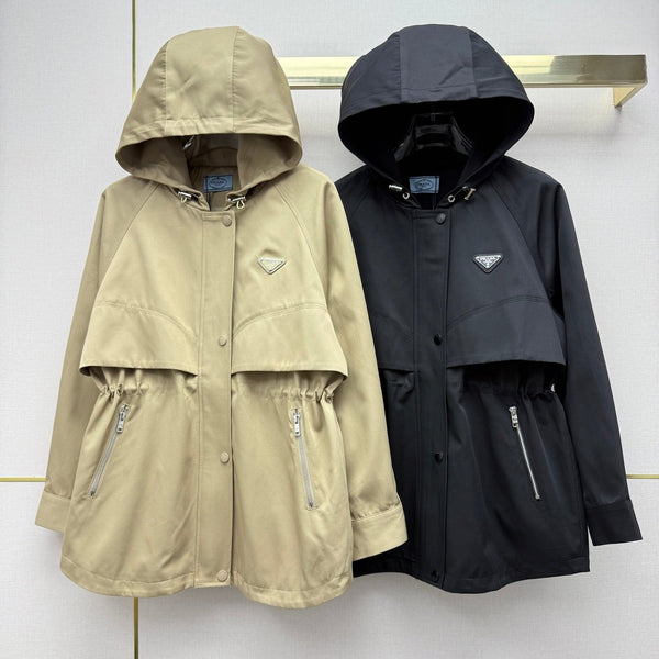 Prad 26SS Mid-Length Coat Triangle Logo Badge Drawstring Waist Beige Cotton 437536