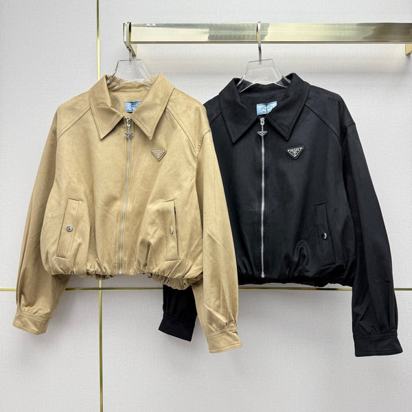 Prad 26SS Collared Jacket Triangle Logo Badge Pleated Hem 437534