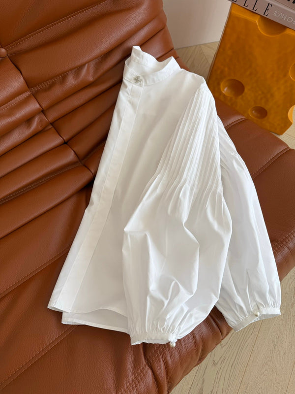 CC 26AW Double C Pleated Balloon-Sleeve Shirt Silver-Tone Button White 438409