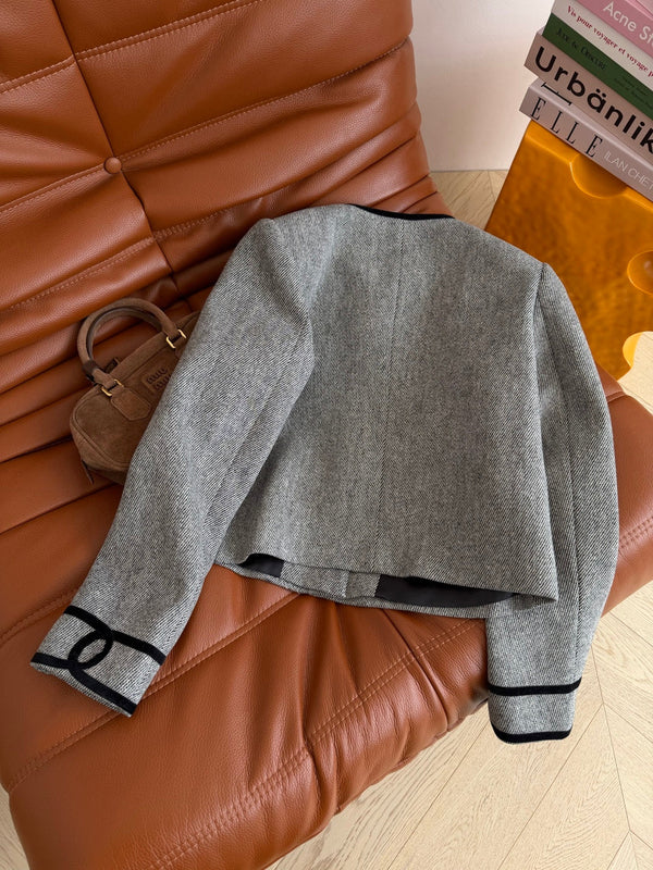 CC 26AW Double C Velvet-Trim Jacket Tone Buttons Grey Wool 438412