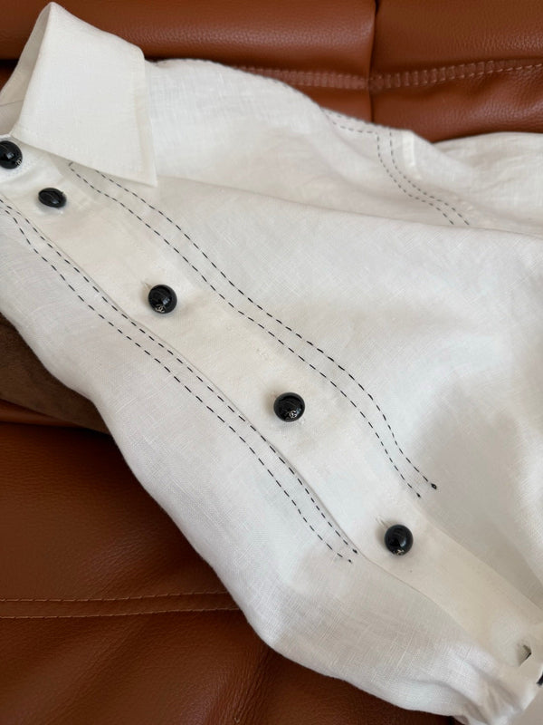 CC 26FW Drawstring Waist Shirt Contrast Stitching Double C Black Buttons White Cotton 438583