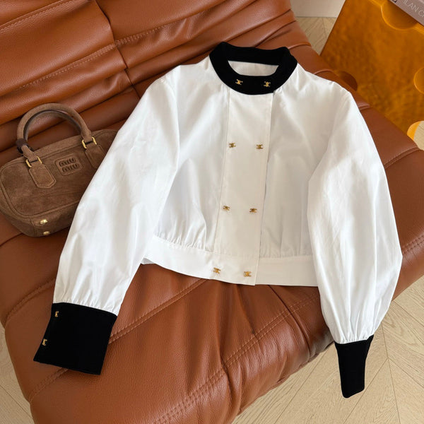 CC 26FW Triomphe Double-Breasted Velvet-Trim Shirt White 438607