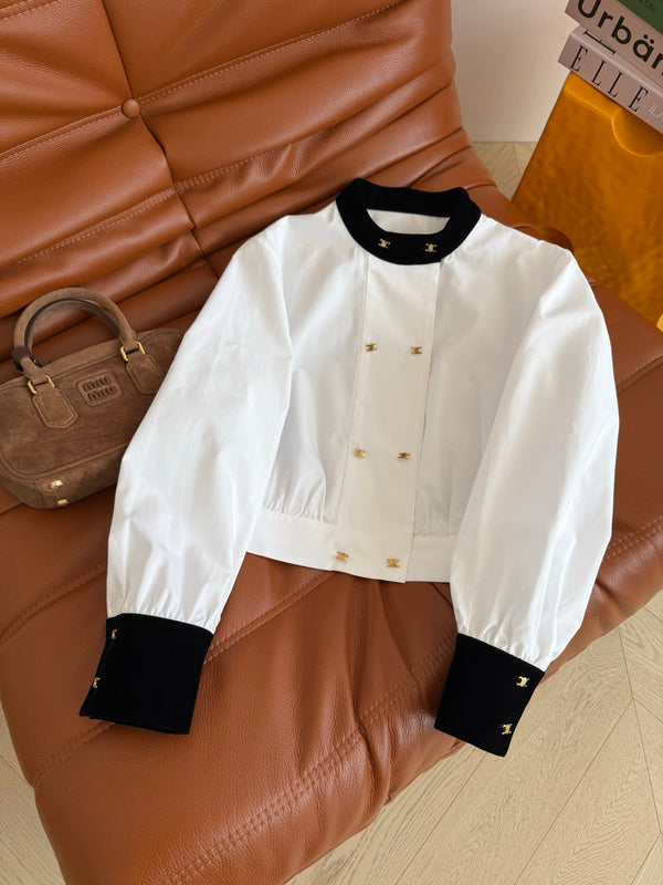 CC 26FW Triomphe Double-Breasted Velvet-Trim Shirt White 438607