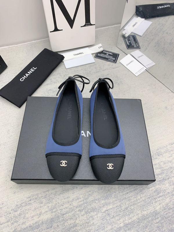 CC 26ss Two-Tone Ballerina Flats CC Logo Navy Black Silk Satin 162259
