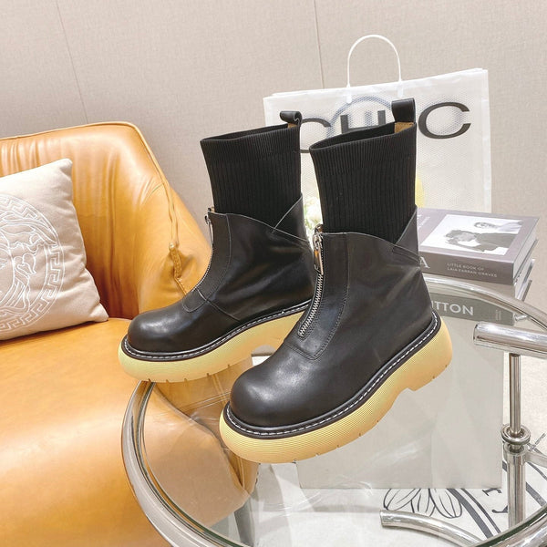 BV 26FW Chunky Platform Ankle Boots 5cm Knit Sock Shaft Front Zip Leather 164461