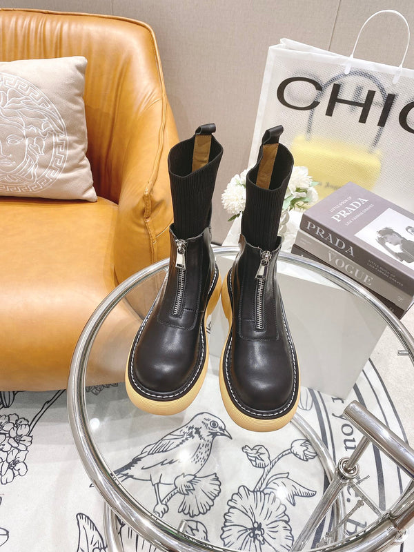 BV 26FW Chunky Platform Ankle Boots 5cm Knit Sock Shaft Front Zip Leather 164461