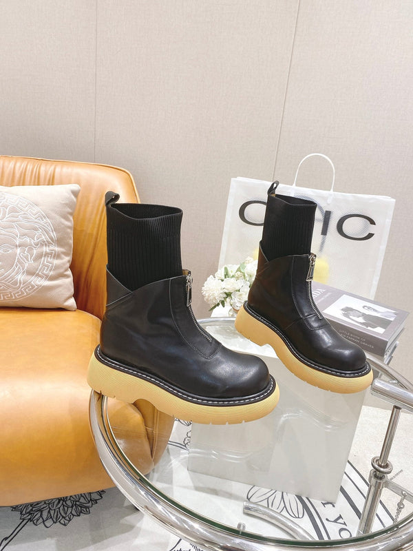 BV 26FW Chunky Platform Ankle Boots 5cm Knit Sock Shaft Front Zip Leather 164461