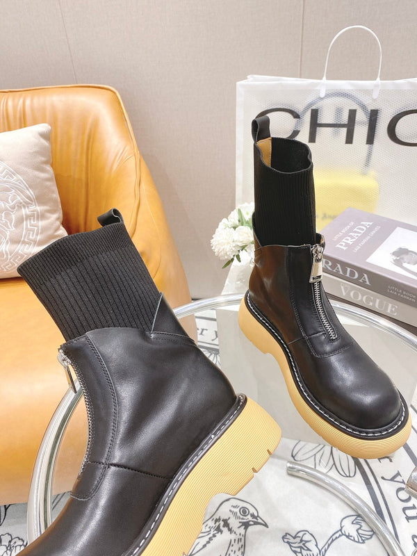 BV 26FW Chunky Platform Ankle Boots 5cm Knit Sock Shaft Front Zip Leather 164461