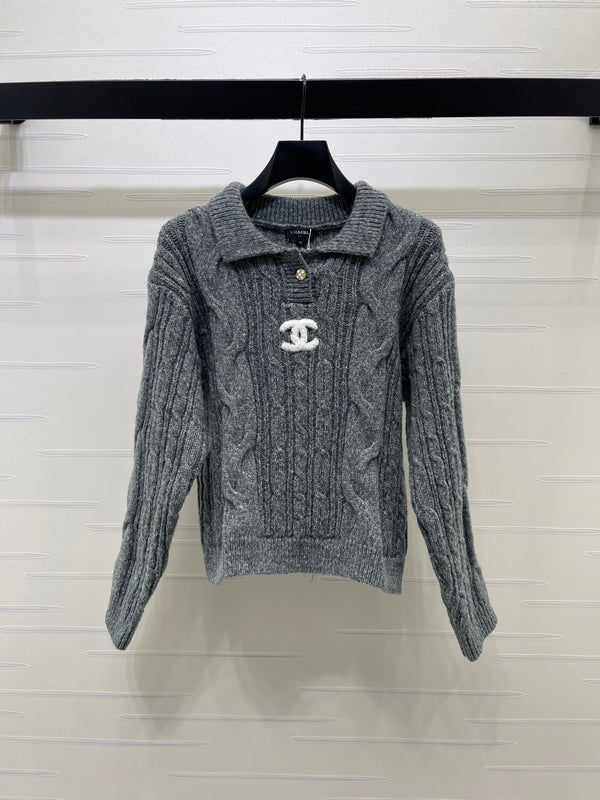 CC 26FW Cable-Knit Polo Sweater Double C Logo Patch Wool 274021