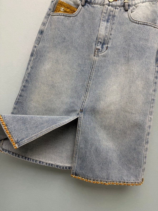 CC 26FW Gold Chain-Trim Denim Midi Skirt Light Blue Cotton 274253