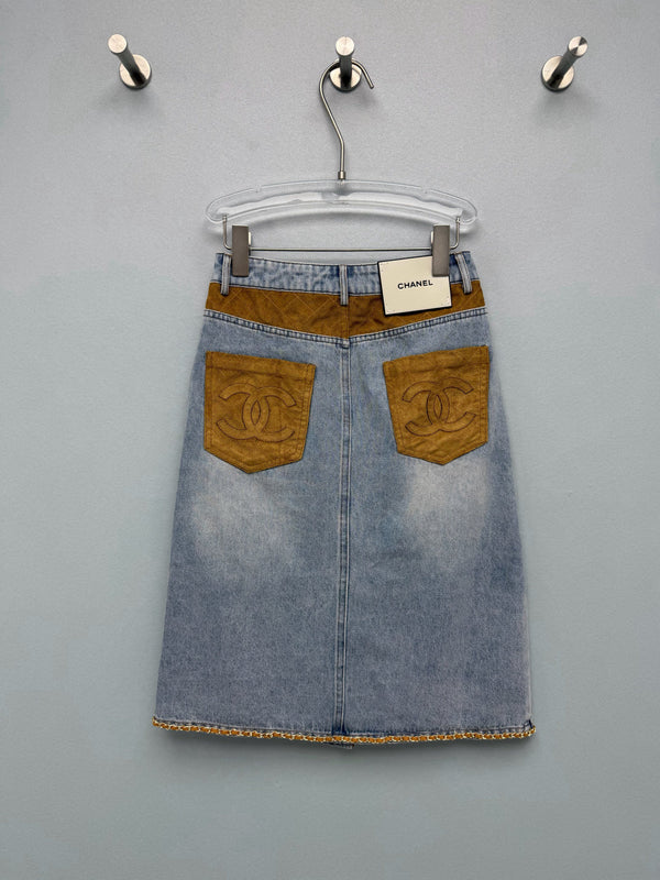 CC 26FW Gold Chain-Trim Denim Midi Skirt Light Blue Cotton 274253