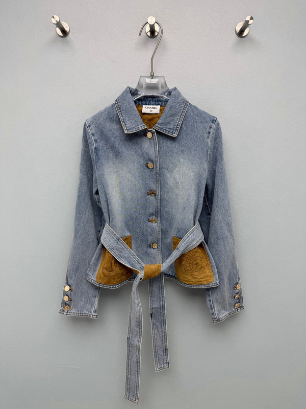 CC 26FW Denim Jacket Contrast Suede Collar Pockets Light Blue Cotton 274265